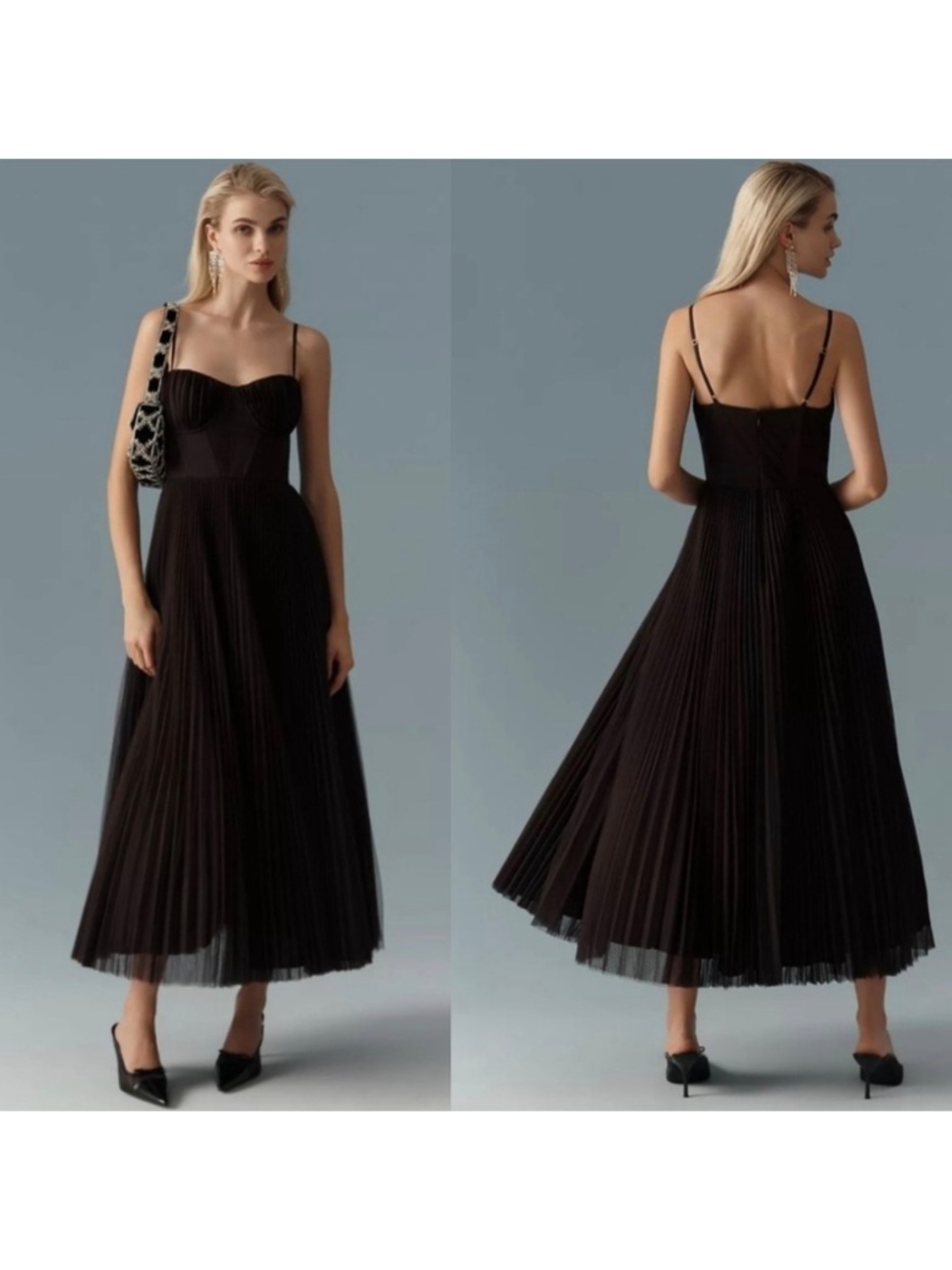 Hutch Anthropologie Amara Corset Pleated Midi Dress in Chocolate Brown - Picture 2 of 9